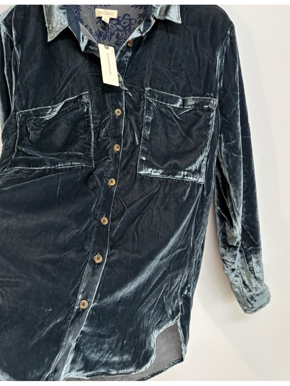 NWT Anthropologie Pilcro Hadley Luxe Velvet Relaxed Buttondown Shirt in Slate - Picture 5 of 7
